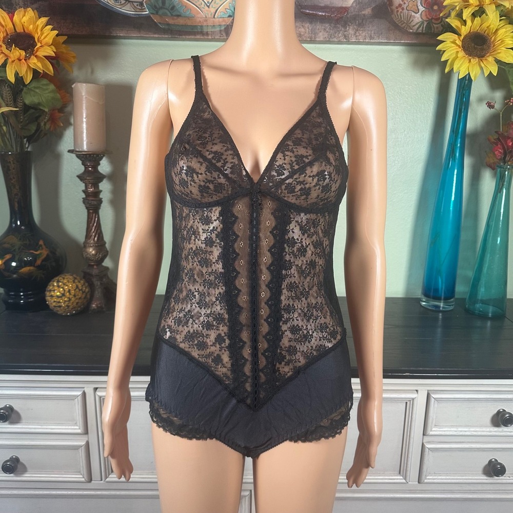Ce Soir Flexnit Floral Lace Teddy Sheer Romantic Coquette Goth Boudoir Lingerie